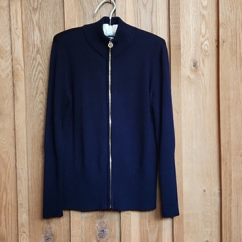 Calvin Klein Mock Neck Zip Up Knit Preppy Cardigan, Small, Blue & Gold Zipper
